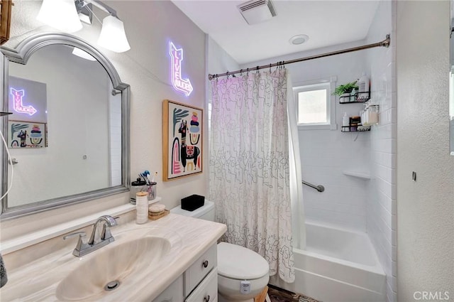 full bath featuring toilet, shower / tub combo, visible vents, and vanity