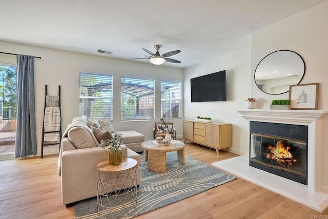 living area featuring light wood finished floors, a glass covered fireplace, and a wealth of natural light