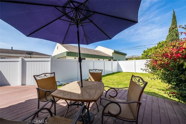 deck with outdoor dining area, a fenced backyard, and a lawn