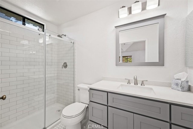 bathroom with toilet, a shower stall, and vanity