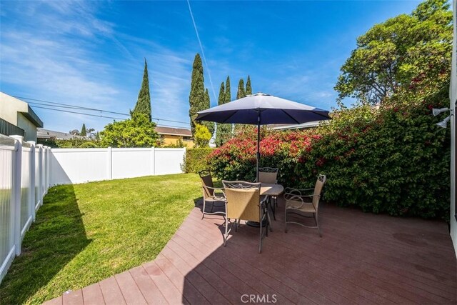 wooden terrace with outdoor dining space, a fenced backyard, and a yard