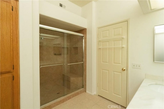 full bath featuring a stall shower, tile patterned flooring, visible vents, and vanity