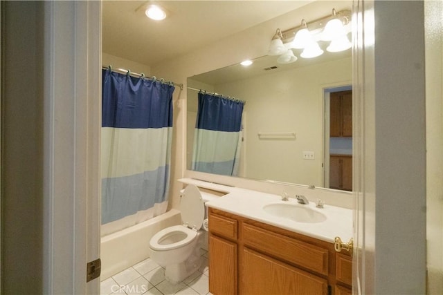 bathroom with shower / tub combo with curtain, visible vents, toilet, vanity, and tile patterned flooring