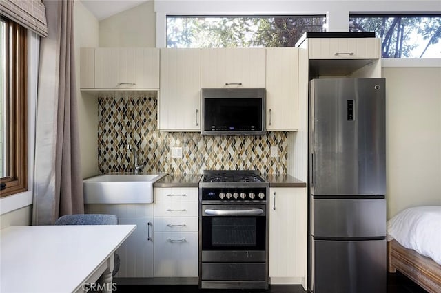 kitchen featuring lofted ceiling, appliances with stainless steel finishes, a sink, and tasteful backsplash