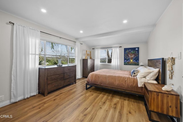 bedroom featuring light wood-type flooring, vaulted ceiling with beams, baseboards, and recessed lighting