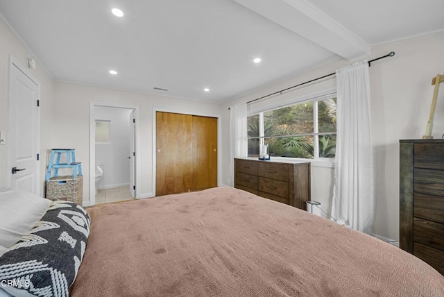 bedroom featuring beamed ceiling, a closet, recessed lighting, and crown molding