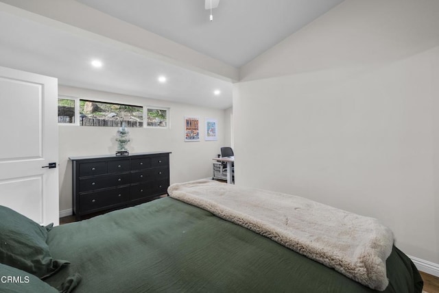 bedroom featuring baseboards, ceiling fan, wood finished floors, vaulted ceiling, and recessed lighting