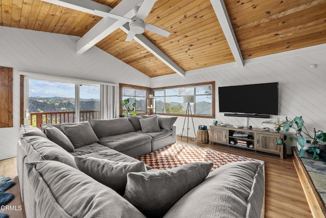 living area featuring a ceiling fan, wooden ceiling, vaulted ceiling with beams, and wood finished floors