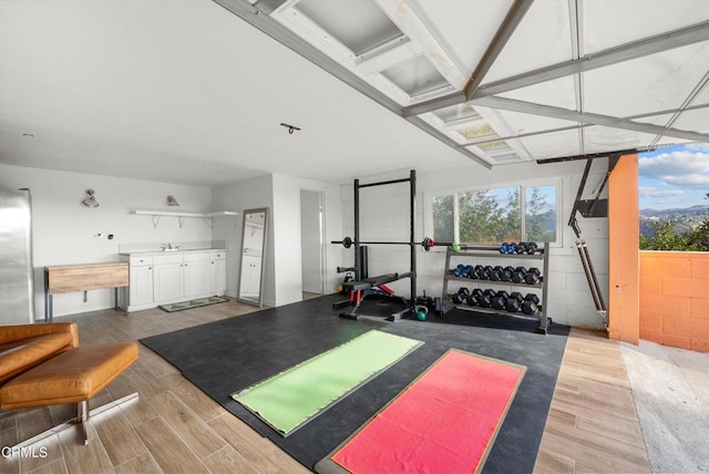 exercise area featuring light wood-type flooring and concrete block wall