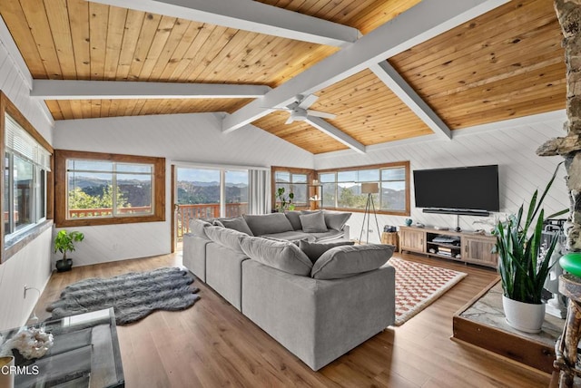 living room with lofted ceiling with beams, wood ceiling, wood walls, and hardwood / wood-style flooring