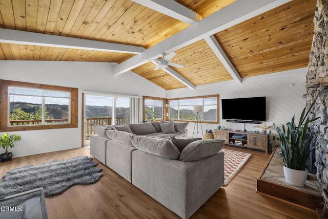 living room featuring a ceiling fan, wooden ceiling, lofted ceiling with beams, and wood finished floors