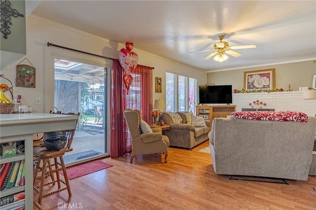 living area featuring ornamental molding and light wood-type flooring