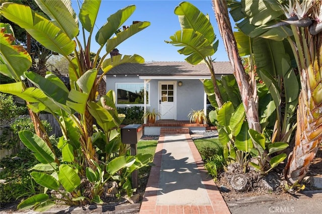 doorway to property with roof with shingles and stucco siding