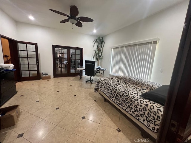 tiled bedroom with french doors, a ceiling fan, and recessed lighting