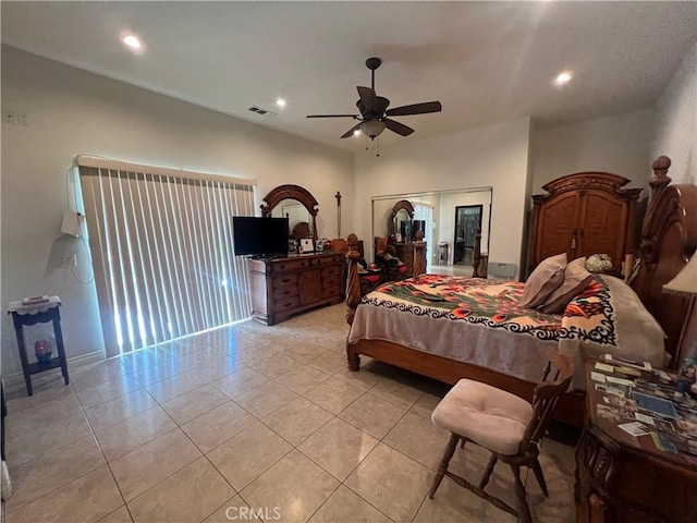 bedroom with light tile patterned floors, visible vents, a ceiling fan, and recessed lighting