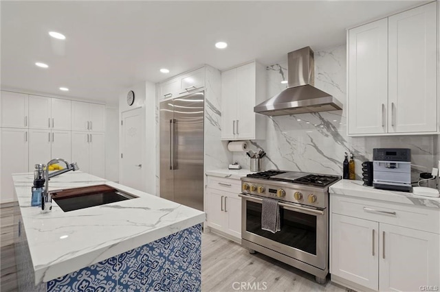 kitchen with decorative backsplash, high end appliances, wall chimney range hood, white cabinetry, and a sink