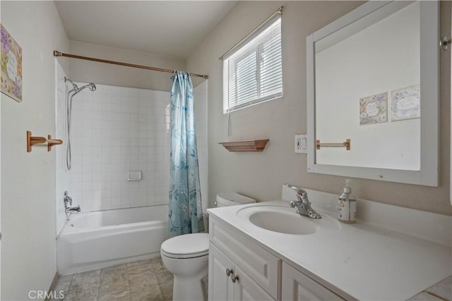 bathroom featuring toilet, shower / bathtub combination with curtain, and vanity