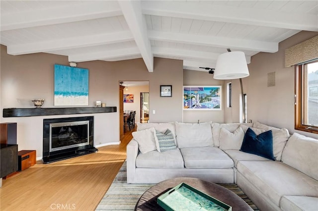 living room featuring light wood finished floors, a glass covered fireplace, and a healthy amount of sunlight