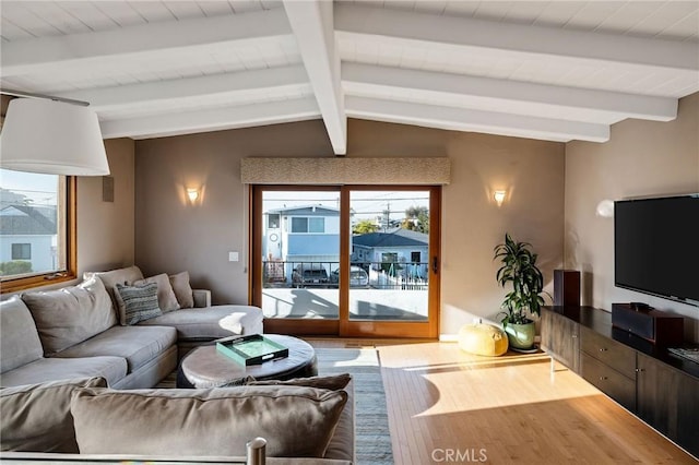 living room featuring lofted ceiling with beams and wood finished floors