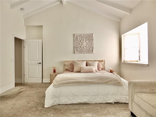 carpeted bedroom featuring high vaulted ceiling, beam ceiling, and baseboards