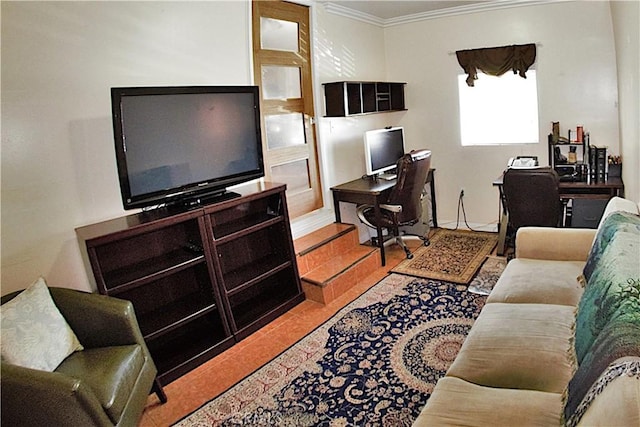 living room featuring ornamental molding and tile patterned floors