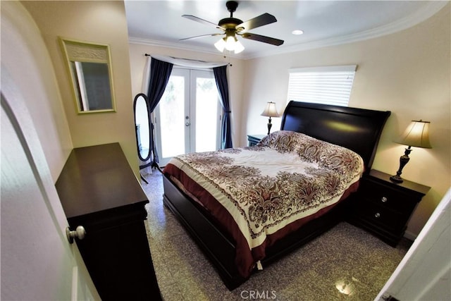 bedroom with access to exterior, a ceiling fan, crown molding, and french doors