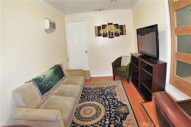 tiled living area with baseboards and ornamental molding