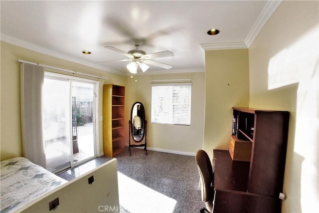 office area featuring granite finish floor, crown molding, baseboards, and a wealth of natural light