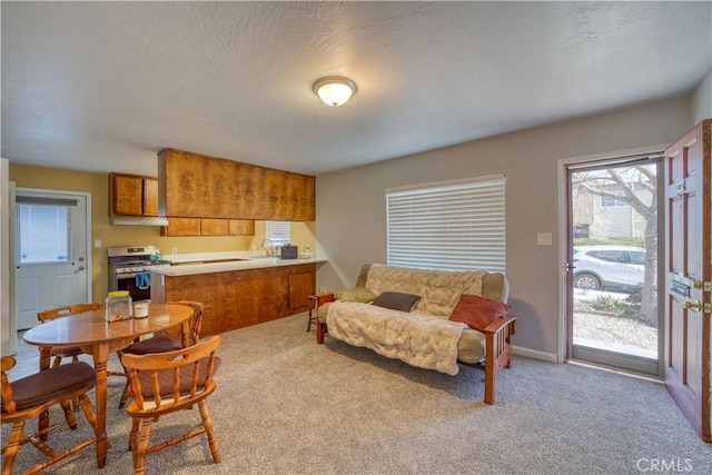 kitchen with a peninsula, gas range, carpet floors, and brown cabinetry