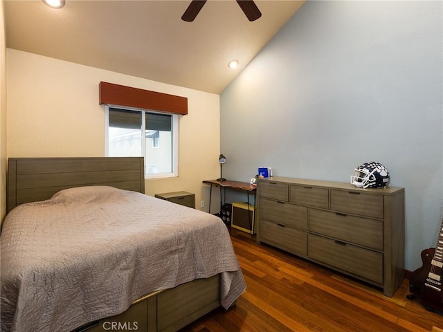 bedroom featuring lofted ceiling, dark wood-style flooring, ceiling fan, and recessed lighting