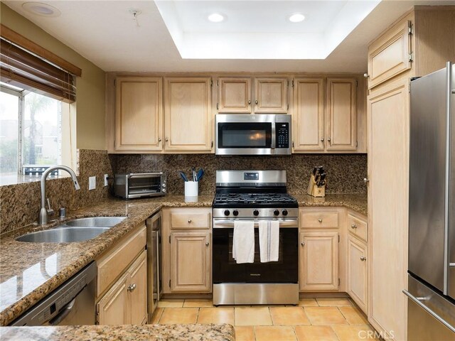 kitchen featuring stainless steel appliances, a raised ceiling, a sink, and tasteful backsplash