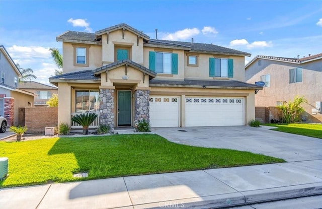 view of front of house featuring driveway, a garage, fence, a front lawn, and stucco siding