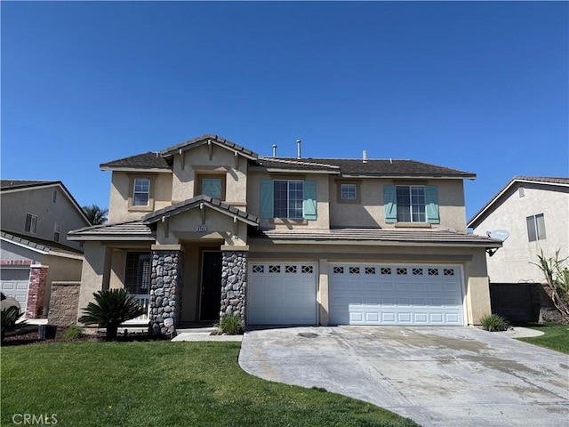 view of front facade featuring a garage, concrete driveway, a front lawn, and stucco siding