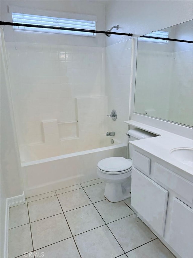 bathroom with tile patterned flooring, bathtub / shower combination, vanity, and toilet