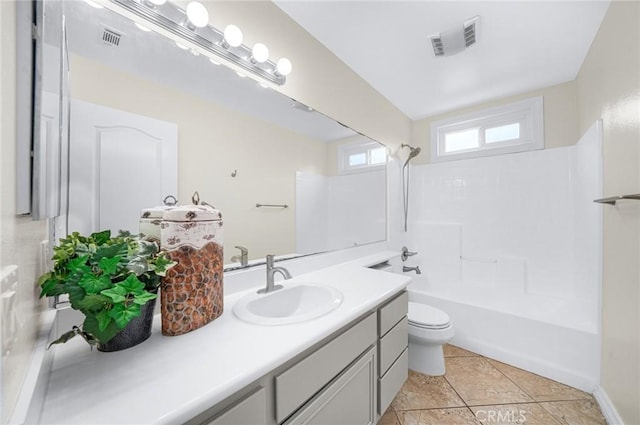 bathroom with toilet, shower / tub combination, visible vents, and vanity