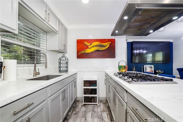 kitchen featuring crown molding, stainless steel gas stovetop, extractor fan, and a sink