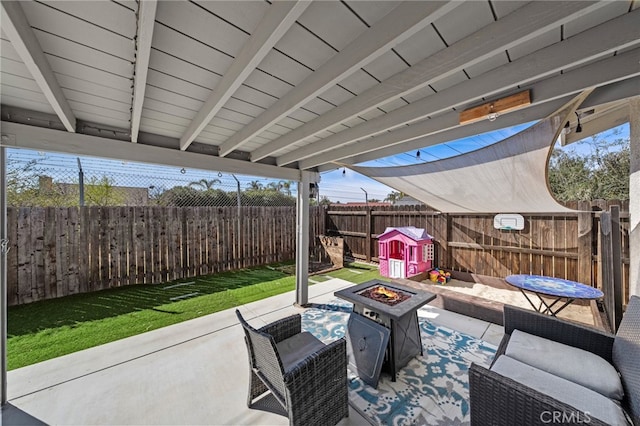 23883 Vista Way, Menifee, CA 92587 - fenced backyard featuring an outdoor fire pit and a patio
