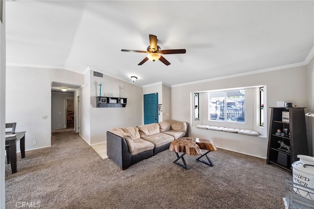 23883 Vista Way, Menifee, CA 92587 - living area with ceiling fan, carpet flooring, ornamental molding, and lofted ceiling