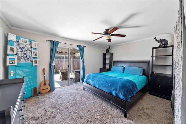 bedroom featuring carpet floors, ornamental molding, a ceiling fan, and access to exterior