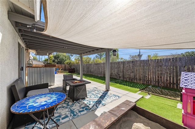 view of patio featuring an outdoor fire pit and a fenced backyard