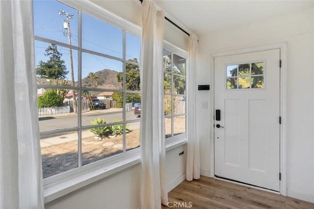 entryway featuring baseboards and wood finished floors