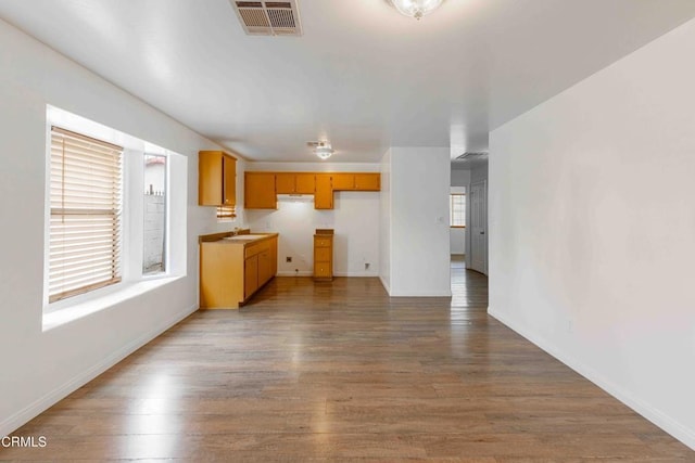 unfurnished living room featuring a sink, wood finished floors, visible vents, and baseboards