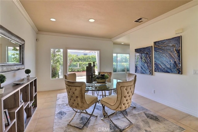 dining room featuring visible vents, ornamental molding, recessed lighting, light tile patterned floors, and baseboards