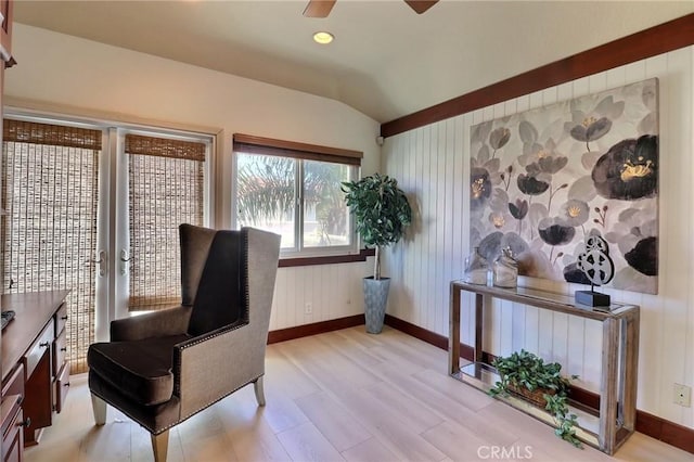 living area featuring ceiling fan, baseboards, lofted ceiling, recessed lighting, and light wood-style floors