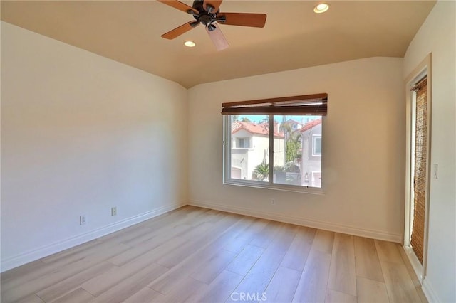 unfurnished room with recessed lighting, baseboards, light wood-style floors, and ceiling fan