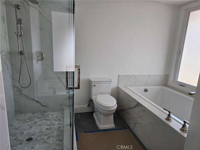 full bathroom with toilet, a marble finish shower, and a bath