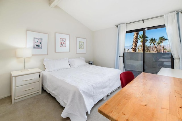 bedroom featuring vaulted ceiling with beams, light colored carpet, and access to exterior