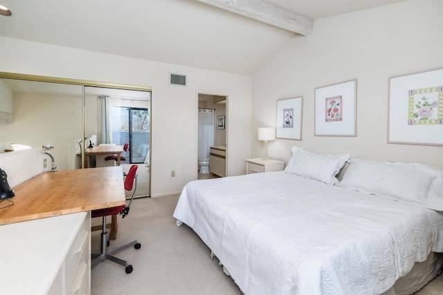 bedroom with baseboards, visible vents, light colored carpet, vaulted ceiling with beams, and a closet