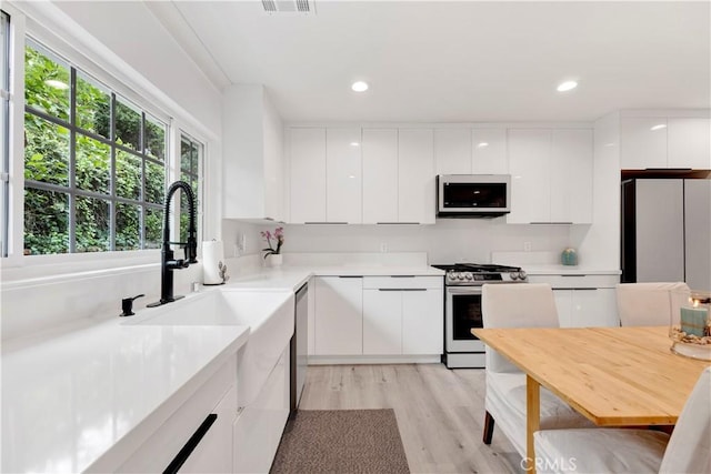 kitchen featuring modern cabinets, appliances with stainless steel finishes, and white cabinets