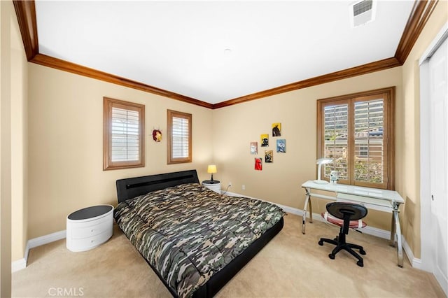 bedroom with baseboards, visible vents, carpet floors, and ornamental molding